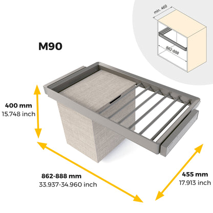 Emuca Kit  portapantaloni a 7 aste, cesto portabiancheria e telaio regolabile Quartz per armadi, chiusura ammortizzata e estrazione totale, modulo 90 cm, finitura Titanio