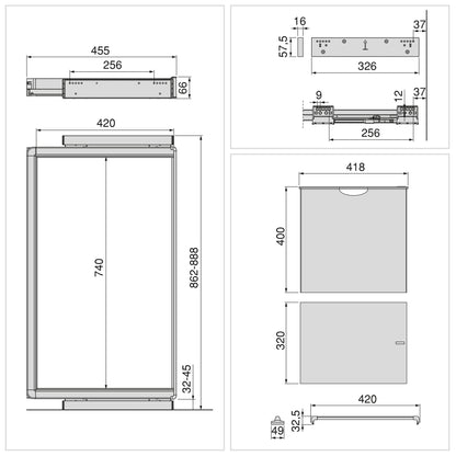 Emuca Kit  portapantaloni a 7 aste, cesto portabiancheria e telaio regolabile Quartz per armadi, chiusura ammortizzata e estrazione totale, modulo 90 cm, finitura Titanio