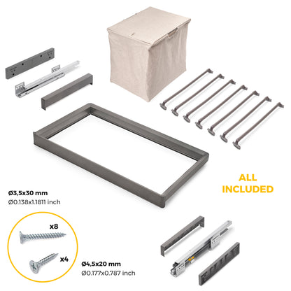 Emuca Kit  portapantaloni a 7 aste, cesto portabiancheria e telaio regolabile Quartz per armadi, chiusura ammortizzata e estrazione totale, modulo 90 cm, finitura Titanio