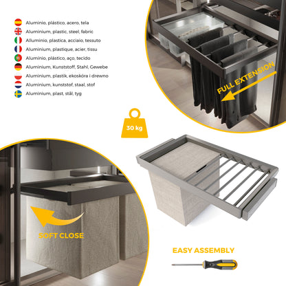 Emuca Kit  portapantaloni a 7 aste, cesto portabiancheria e telaio regolabile Quartz per armadi, chiusura ammortizzata e estrazione totale, modulo 90 cm, finitura Titanio