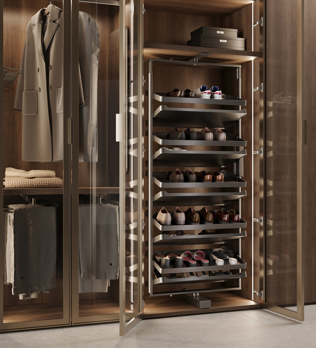 Emuca Porta scarpe girevole per interni armadio Quartz, H1640mm, Modulo 800 mm, Acciaio, Alluminio, Legno, Titanio