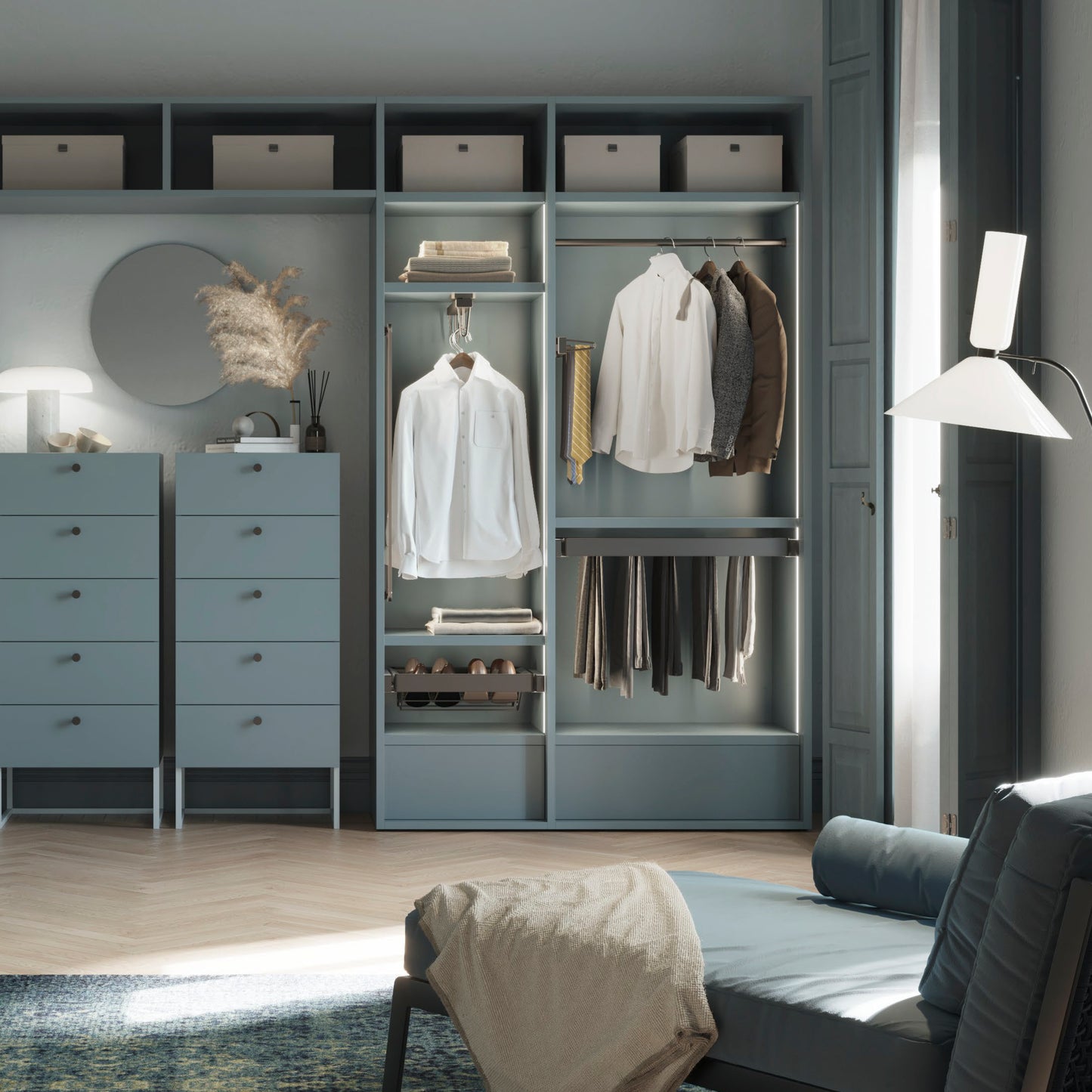 Emuca Lotto di 2 tubi appendiabiti rotondi D.28mm per armadi lunghezza 1,15m con reggitubi, Alluminio e Zama, Titanio