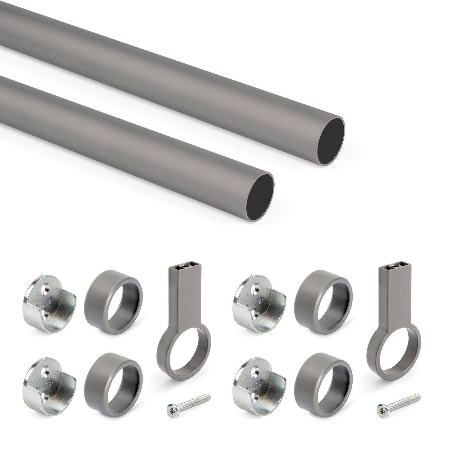 Emuca Lotto di 2 tubi appendiabiti rotondi D.28mm per armadi lunghezza 1,15m con reggitubi, Alluminio e Zama, Titanio
