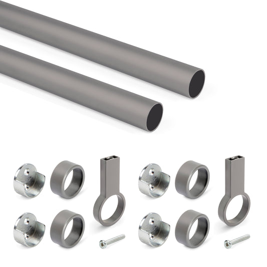 Emuca Lotto di 2 tubi appendiabiti rotondi D.28mm per armadi lunghezza 1,15m con reggitubi, Alluminio e Zama, Titanio