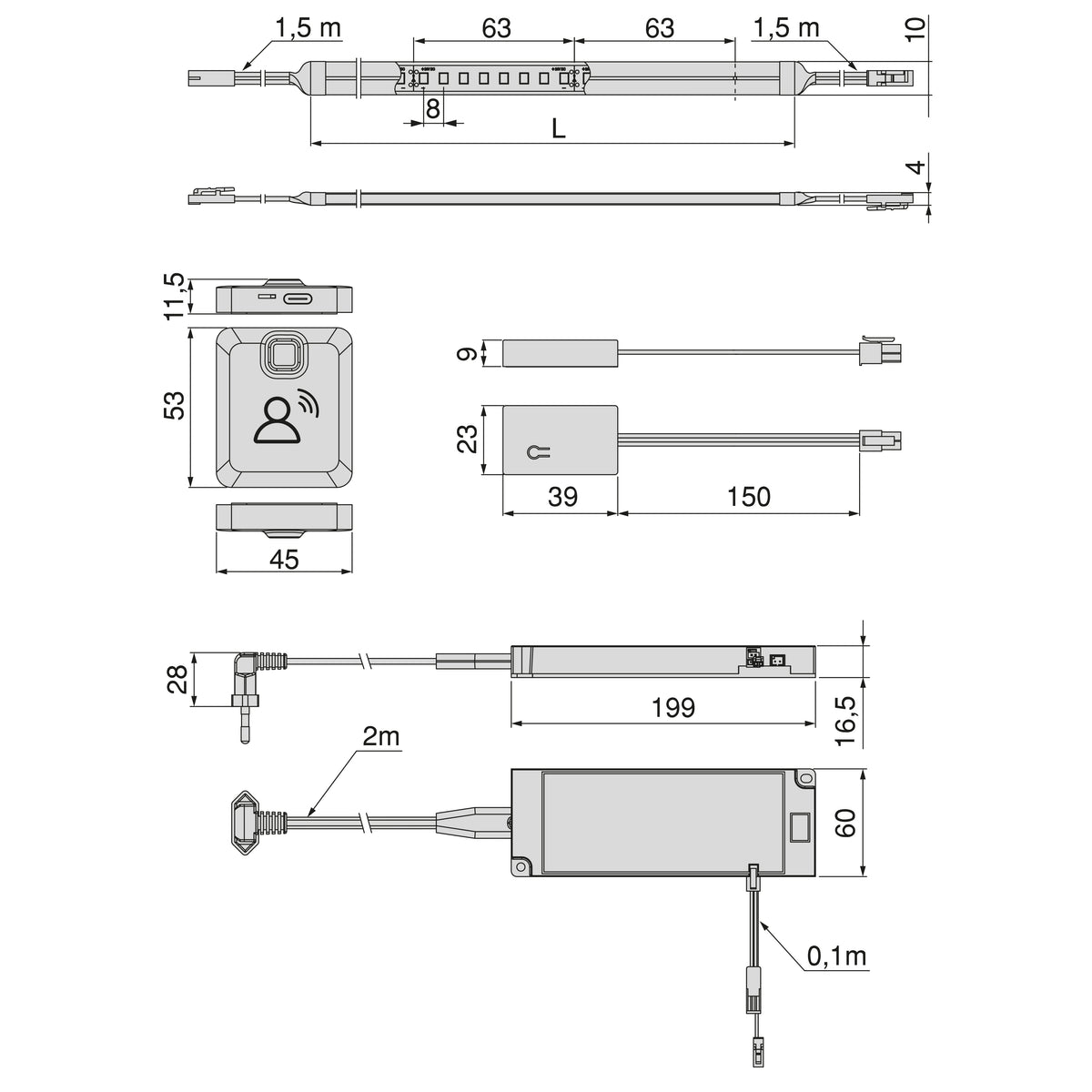 Emuca Kit striscia LED Neonlynx V 4x10 per armadio, Lunghezza 5.000mm, Luce Bianco calda 2.700K, Sensore di movimento RF Smart, Convertitore Smart 60W (24V DC), Tecnoplastica