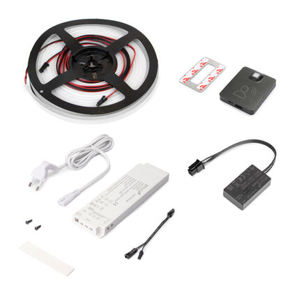Emuca Kit striscia LED Neonlynx V 4x10 per armadio, Lunghezza 5.000mm, Luce Bianco calda 2.700K, Sensore di movimento RF Smart, Convertitore Smart 60W (24V DC), Tecnoplastica