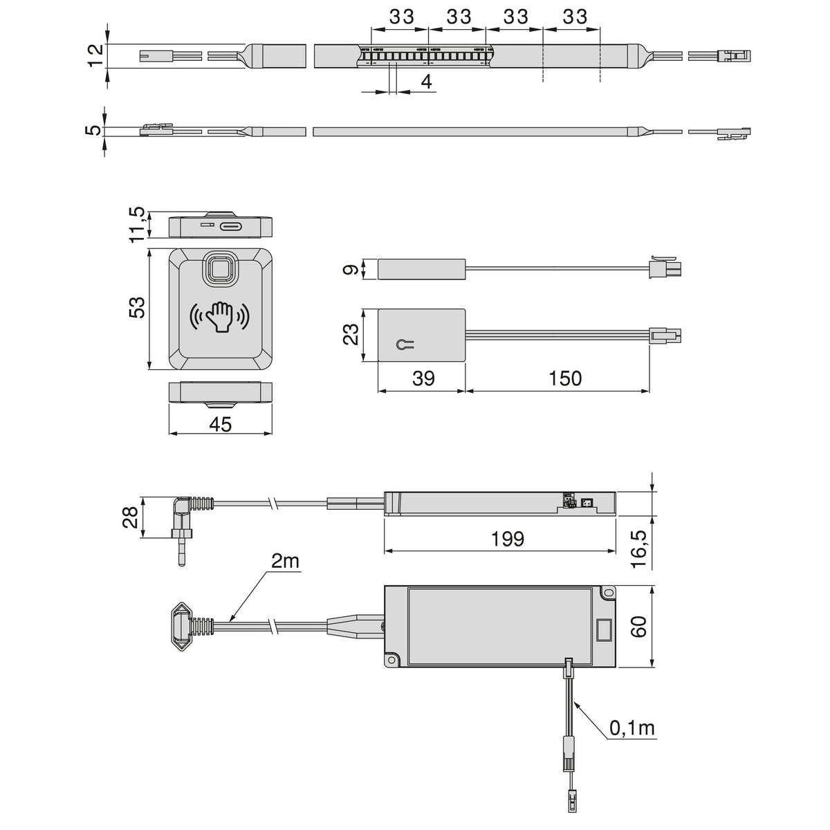 Emuca Kit striscia LED Neonlynx H 12x5 per cucina, Lunghezza 5.000mm, Luce Bianco naturale 4.000K, Sensore switch di prossimità RF Smart, Convertitore Smart 60W (24V DC), Tecnoplastica