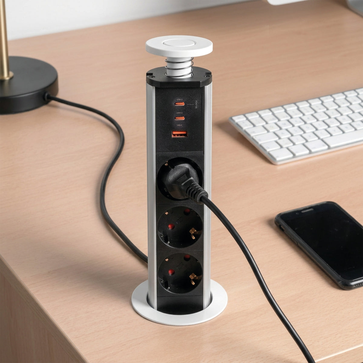 Emuca Multipresa estraibile Vertikal, 3 prese Schuko, 1 USB Tipo A, 2 USB Tipo C, Tecnoplastica e Alluminio, Verniciato bianco