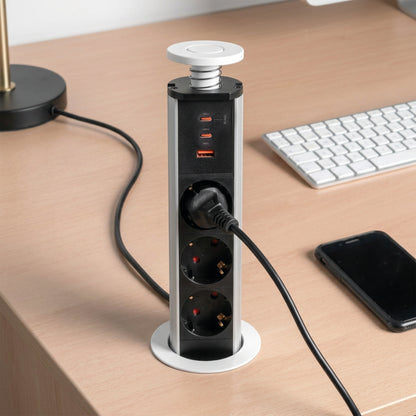 Emuca Multipresa estraibile Vertikal, 3 prese Schuko, 1 USB Tipo A, 2 USB Tipo C, Tecnoplastica e Alluminio, Verniciato bianco