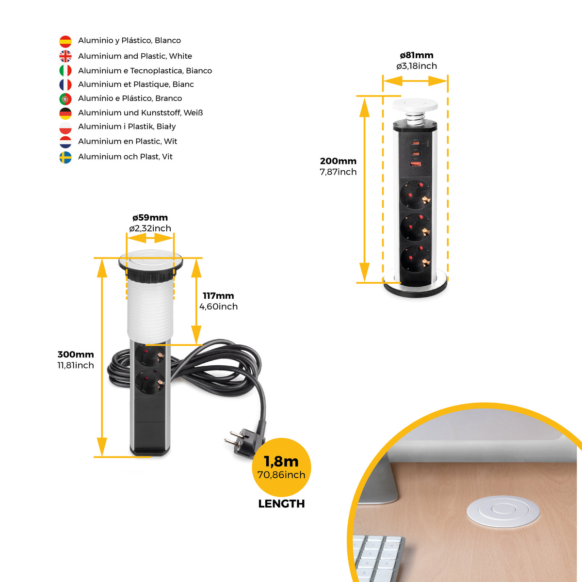 Emuca Multipresa estraibile Vertikal, 3 prese Schuko, 1 USB Tipo A, 2 USB Tipo C, Tecnoplastica e Alluminio, Verniciato bianco
