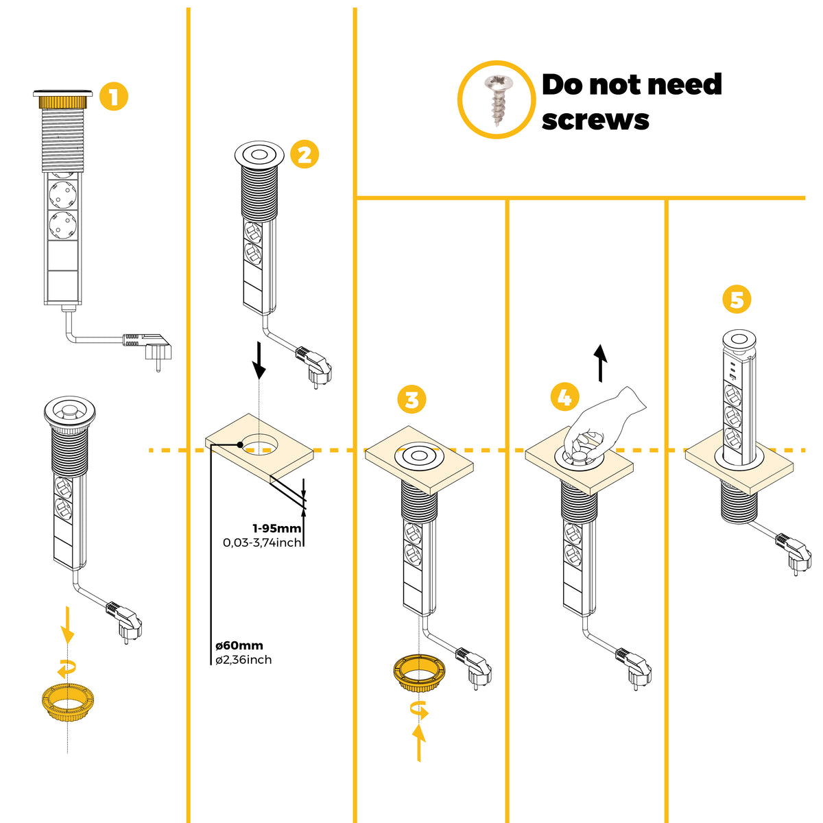 Emuca Multipresa estraibile Vertikal, 3 prese Schuko, 1 USB Tipo A, 2 USB Tipo C, Tecnoplastica e Alluminio, Verniciato bianco