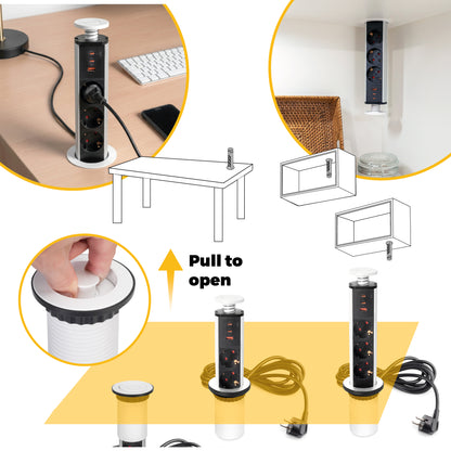 Emuca Multipresa estraibile Vertikal, 3 prese Schuko, 1 USB Tipo A, 2 USB Tipo C, Tecnoplastica e Alluminio, Verniciato bianco