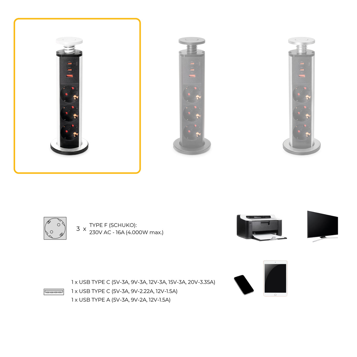 Emuca Multipresa estraibile Vertikal, 3 prese Schuko, 1 USB Tipo A, 2 USB Tipo C, Tecnoplastica e Alluminio, Verniciato bianco