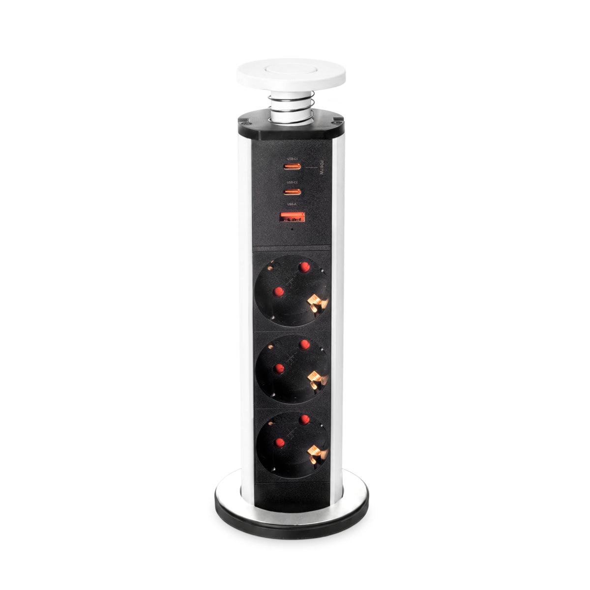 Emuca Multipresa estraibile Vertikal, 3 prese Schuko, 1 USB Tipo A, 2 USB Tipo C, Tecnoplastica e Alluminio, Verniciato bianco