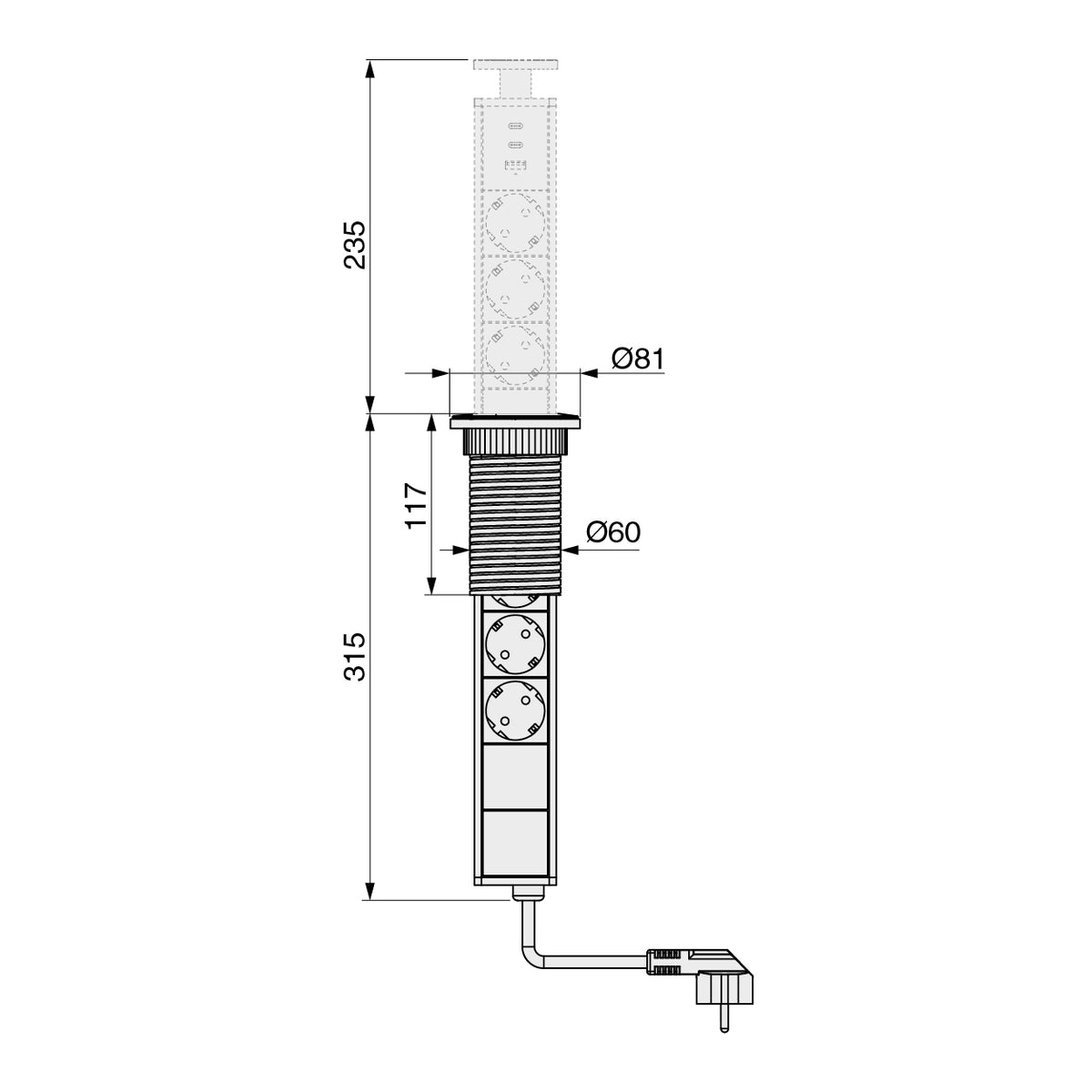Emuca Multipresa estraibile Vertikal, 3 prese Schuko, 1 USB Tipo A, 2 USB Tipo C, Tecnoplastica e Alluminio, Grigio metallizzata