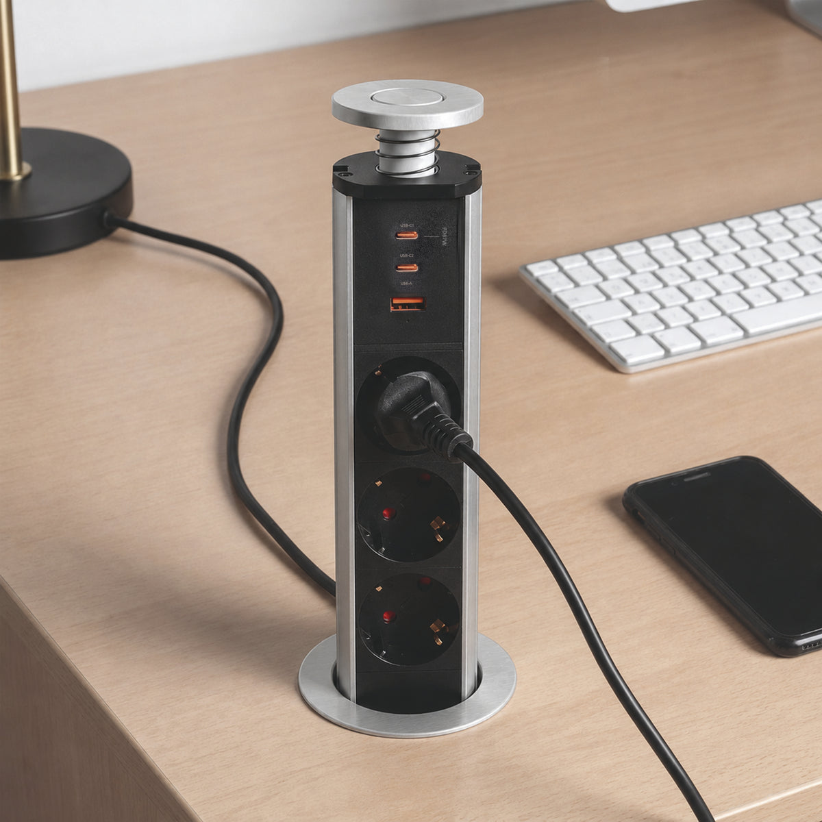 Emuca Multipresa estraibile Vertikal, 3 prese Schuko, 1 USB Tipo A, 2 USB Tipo C, Tecnoplastica e Alluminio, Grigio metallizzata
