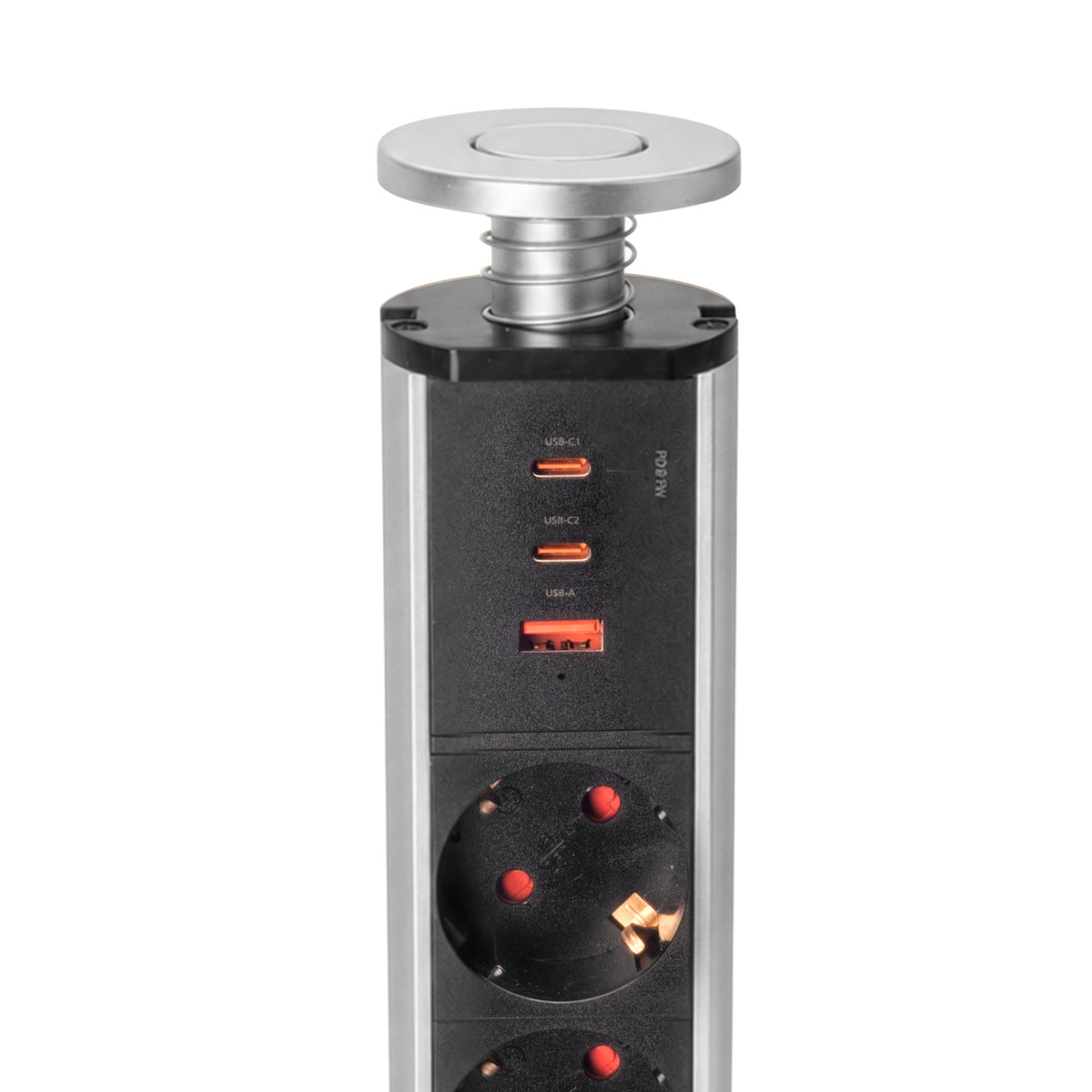 Emuca Multipresa estraibile Vertikal, 3 prese Schuko, 1 USB Tipo A, 2 USB Tipo C, Tecnoplastica e Alluminio, Grigio metallizzata