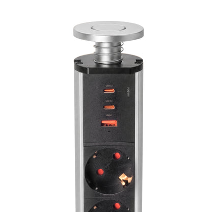 Emuca Multipresa estraibile Vertikal, 3 prese Schuko, 1 USB Tipo A, 2 USB Tipo C, Tecnoplastica e Alluminio, Grigio metallizzata