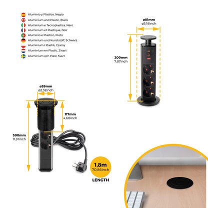 Emuca Multipresa estraibile Vertikal, 3 prese Schuko, 1 USB Tipo A, 2 USB Tipo C, Tecnoplastica e Alluminio, Grigio metallizzata