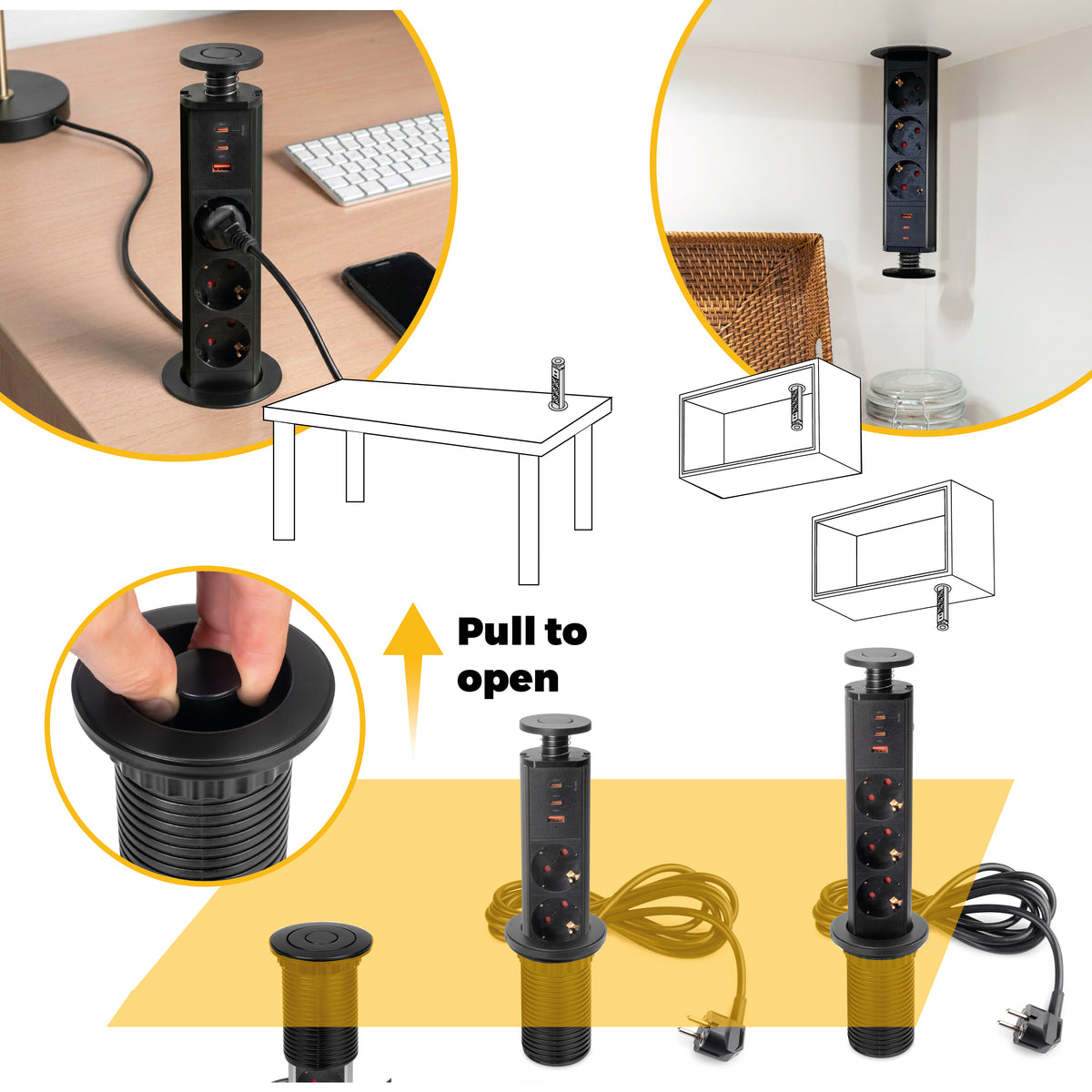 Emuca Multipresa estraibile Vertikal, 3 prese Schuko, 1 USB Tipo A, 2 USB Tipo C, Tecnoplastica e Alluminio, Grigio metallizzata
