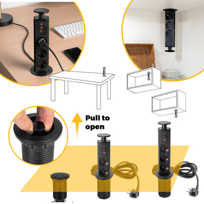 Emuca Multipresa estraibile Vertikal, 3 prese Schuko, 1 USB Tipo A, 2 USB Tipo C, Tecnoplastica e Alluminio, Grigio metallizzata