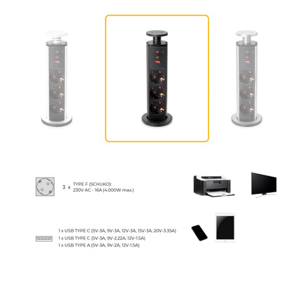 Emuca Multipresa estraibile Vertikal, 3 prese Schuko, 1 USB Tipo A, 2 USB Tipo C, Tecnoplastica e Alluminio, Grigio metallizzata