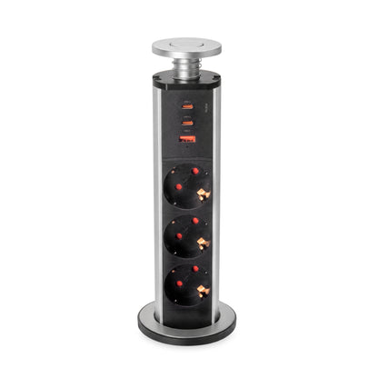 Emuca Multipresa estraibile Vertikal, 3 prese Schuko, 1 USB Tipo A, 2 USB Tipo C, Tecnoplastica e Alluminio, Grigio metallizzata