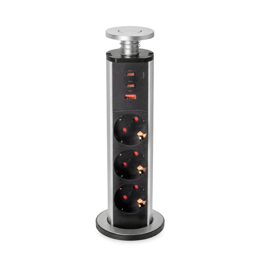 Emuca Multipresa estraibile Vertikal, 3 prese Schuko, 1 USB Tipo A, 2 USB Tipo C, Tecnoplastica e Alluminio, Grigio metallizzata