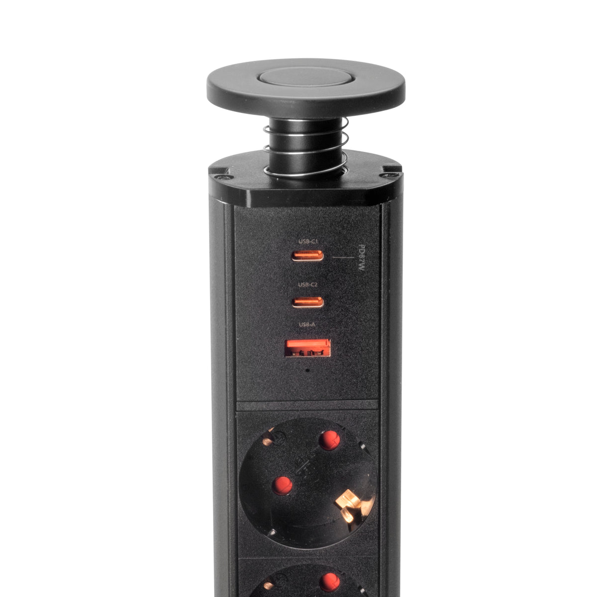 Emuca Multipresa estraibile Vertikal, 3 prese Schuko, 1 USB Tipo A, 2 USB Tipo C, Tecnoplastica e Alluminio, Verniciato nero