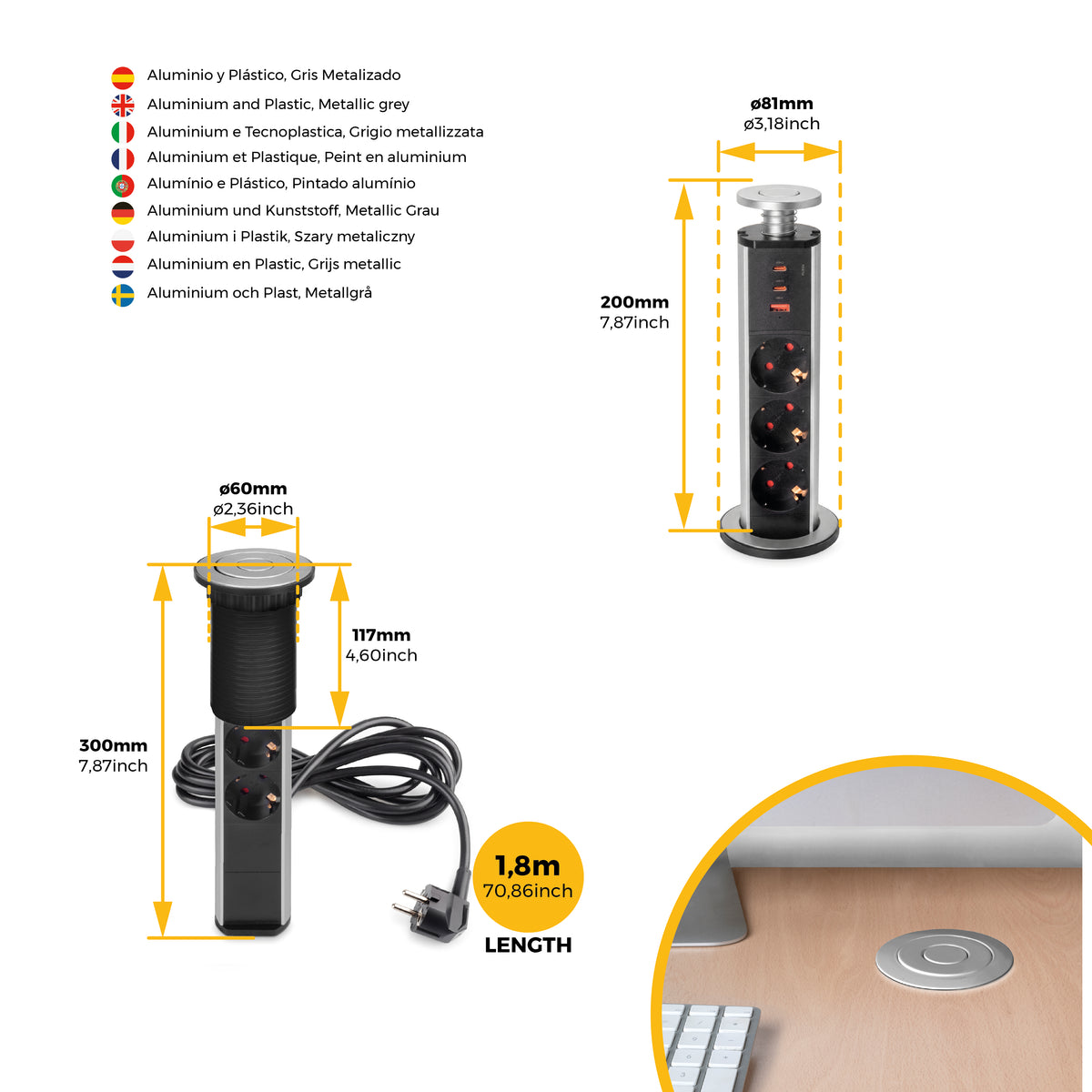 Emuca Multipresa estraibile Vertikal, 3 prese Schuko, 1 USB Tipo A, 2 USB Tipo C, Tecnoplastica e Alluminio, Verniciato nero
