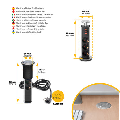 Emuca Multipresa estraibile Vertikal, 3 prese Schuko, 1 USB Tipo A, 2 USB Tipo C, Tecnoplastica e Alluminio, Verniciato nero