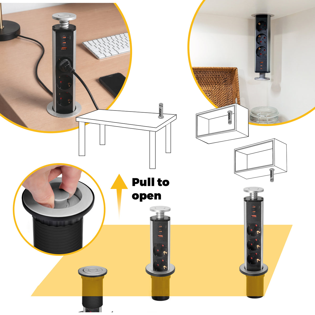 Emuca Multipresa estraibile Vertikal, 3 prese Schuko, 1 USB Tipo A, 2 USB Tipo C, Tecnoplastica e Alluminio, Verniciato nero