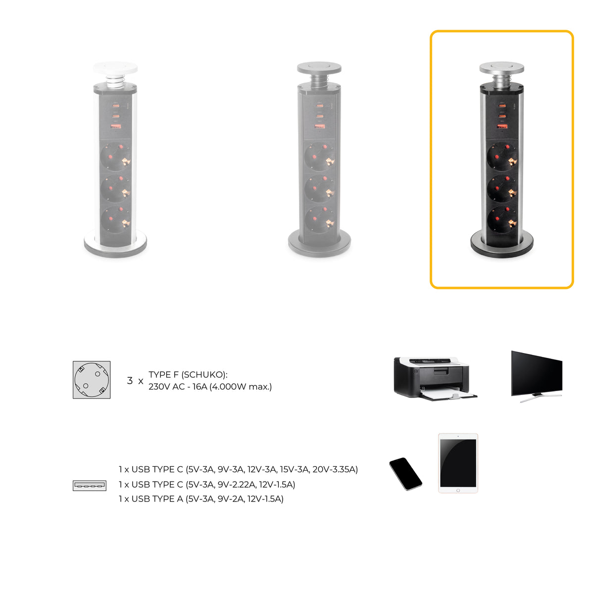Emuca Multipresa estraibile Vertikal, 3 prese Schuko, 1 USB Tipo A, 2 USB Tipo C, Tecnoplastica e Alluminio, Verniciato nero