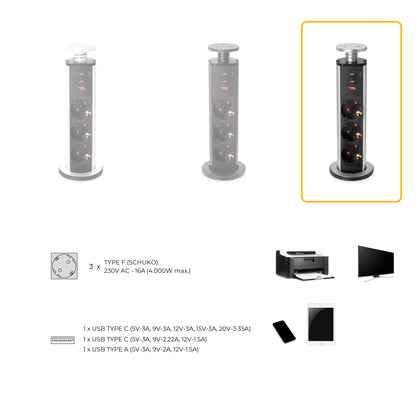 Emuca Multipresa estraibile Vertikal, 3 prese Schuko, 1 USB Tipo A, 2 USB Tipo C, Tecnoplastica e Alluminio, Verniciato nero