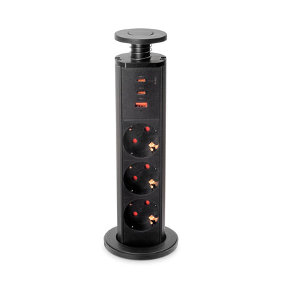 Emuca Multipresa estraibile Vertikal, 3 prese Schuko, 1 USB Tipo A, 2 USB Tipo C, Tecnoplastica e Alluminio, Verniciato nero