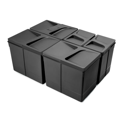 Emuca Contenitori per cassetti da cucina Recycle con coperchio anti-odore, Altezza 266, 3x15 lt, 2x7 lt, Tecnoplastica, Nera