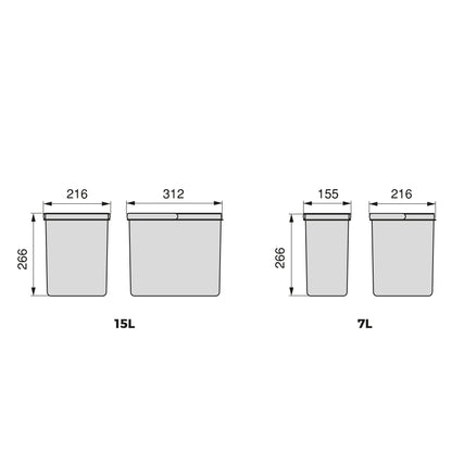 Emuca Kit di contenitori per la raccolta differenziata per cassetti da cucina Recycle Altezza Recycle 266 mm, 2x15 lt, 2x7 lt, Tecnoplastica, Nera