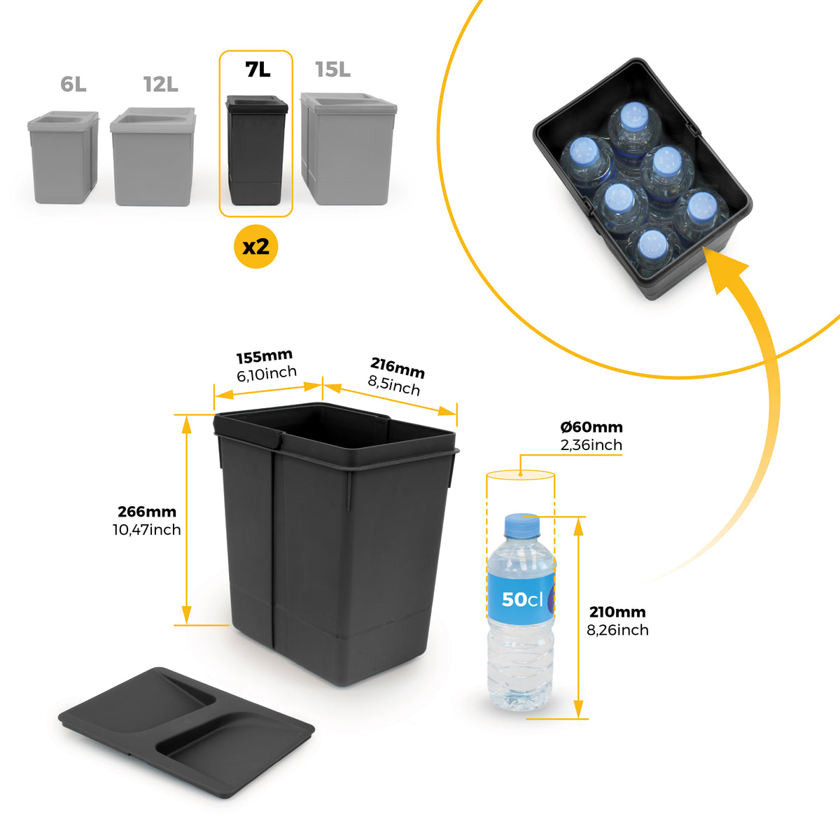 Emuca Kit di contenitori per la raccolta differenziata per cassetti da cucina Recycle Altezza Recycle 266 mm, 2x15 lt, 2x7 lt, Tecnoplastica, Nera