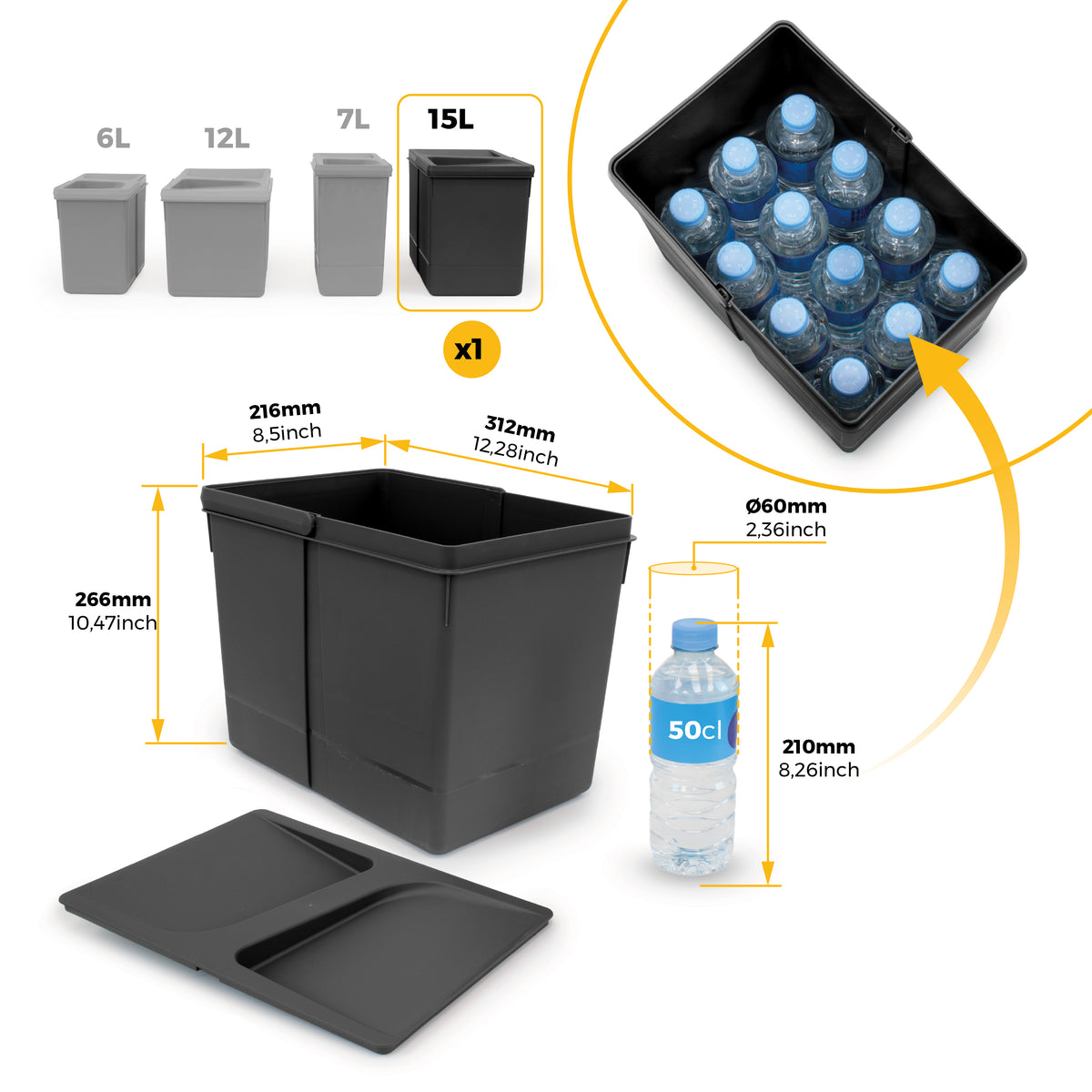 Emuca Kit di contenitori per la raccolta differenziata per cassetti da cucina Recycle Altezza Recycle 266 mm, 1x15 lt, 2x7 lt, Tecnoplastica, Nera