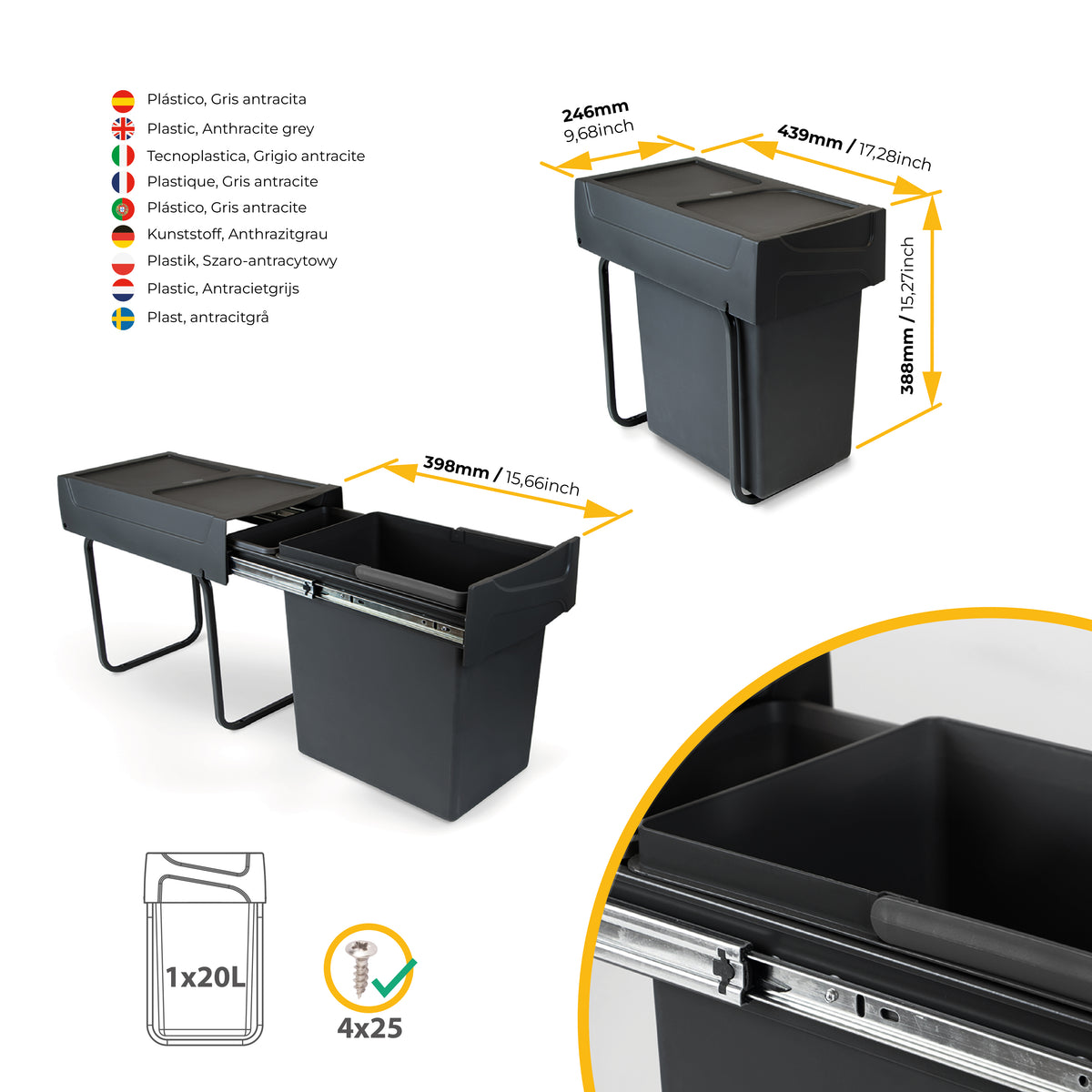 Emuca Recycle 1x20lt per il montaggio sul fondo e l'estrazione manuale in cucina, Tecnoplastica, Nera