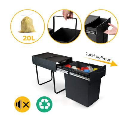 Emuca Recycle 1x20lt per il montaggio sul fondo e l'estrazione manuale in cucina, Tecnoplastica, Nera