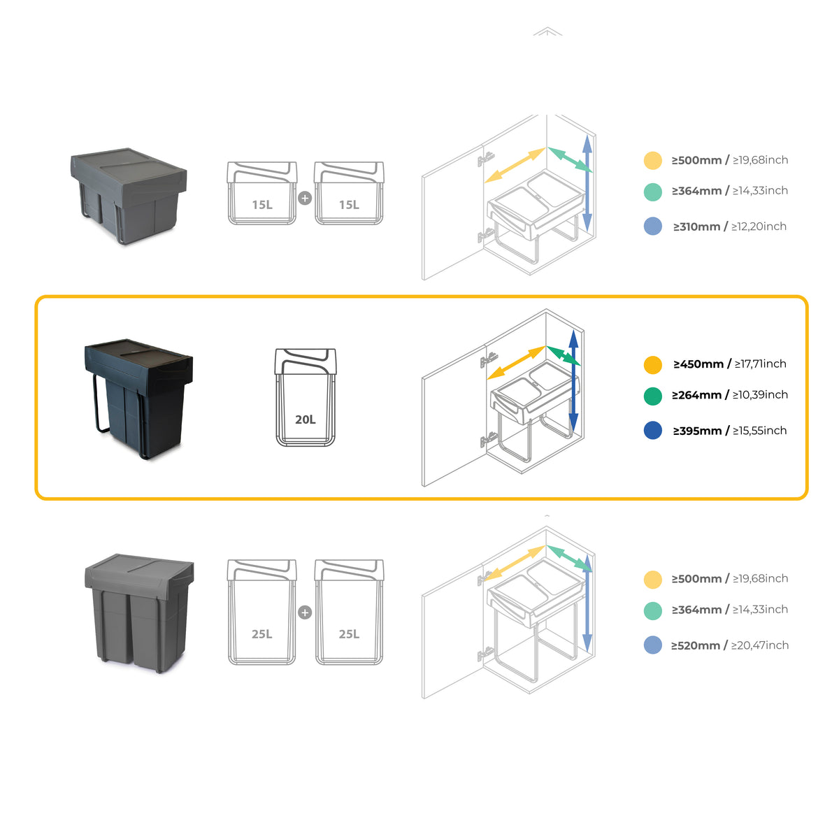 Emuca Recycle 1x20lt per il montaggio sul fondo e l'estrazione manuale in cucina, Tecnoplastica, Nera