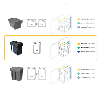 Emuca Recycle 1x20lt per il montaggio sul fondo e l'estrazione manuale in cucina, Tecnoplastica, Nera