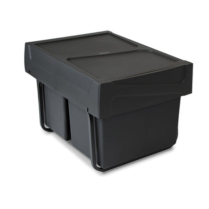 Emuca Contenitore per la raccolta differenziata da montare sul fondo ed estraibile manualmente in cucina 2x15lt, Tecnoplastica, Nera