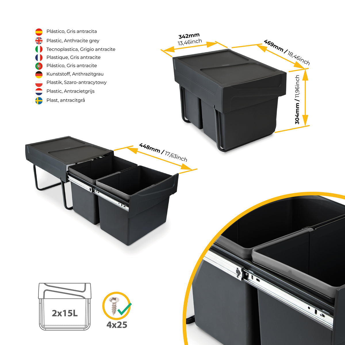 Emuca Contenitore per la raccolta differenziata da montare sul fondo ed estraibile manualmente in cucina 2x15lt, Tecnoplastica, Nera