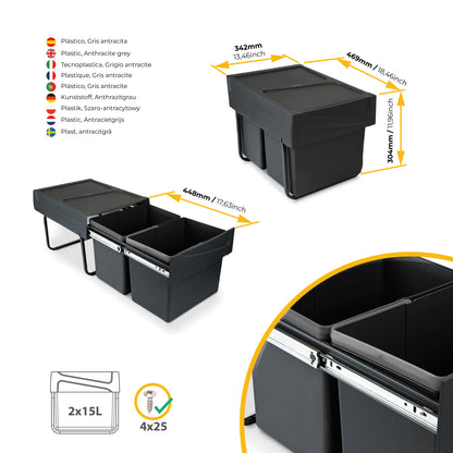 Emuca Contenitore per la raccolta differenziata da montare sul fondo ed estraibile manualmente in cucina 2x15lt, Tecnoplastica, Nera