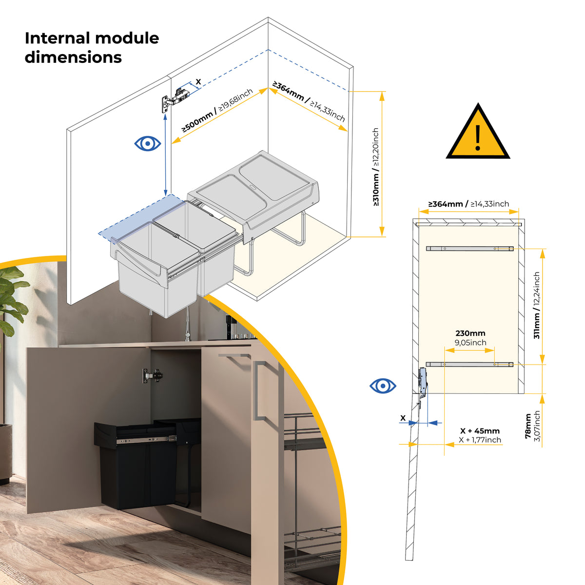 Emuca Contenitore per la raccolta differenziata da montare sul fondo ed estraibile manualmente in cucina 2x15lt, Tecnoplastica, Nera