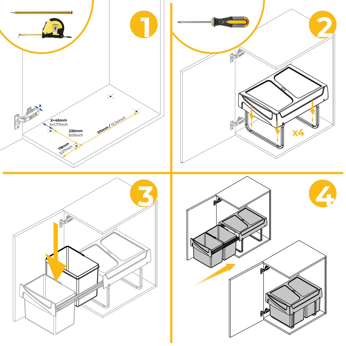 Emuca Contenitore per la raccolta differenziata da montare sul fondo ed estraibile manualmente in cucina 2x15lt, Tecnoplastica, Nera