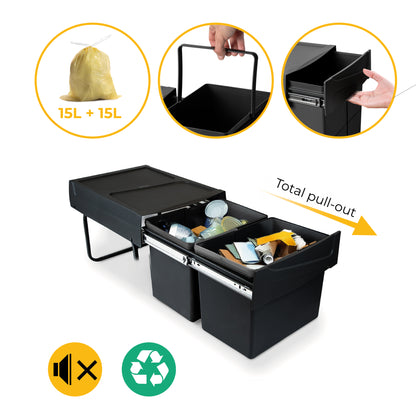 Emuca Contenitore per la raccolta differenziata da montare sul fondo ed estraibile manualmente in cucina 2x15lt, Tecnoplastica, Nera