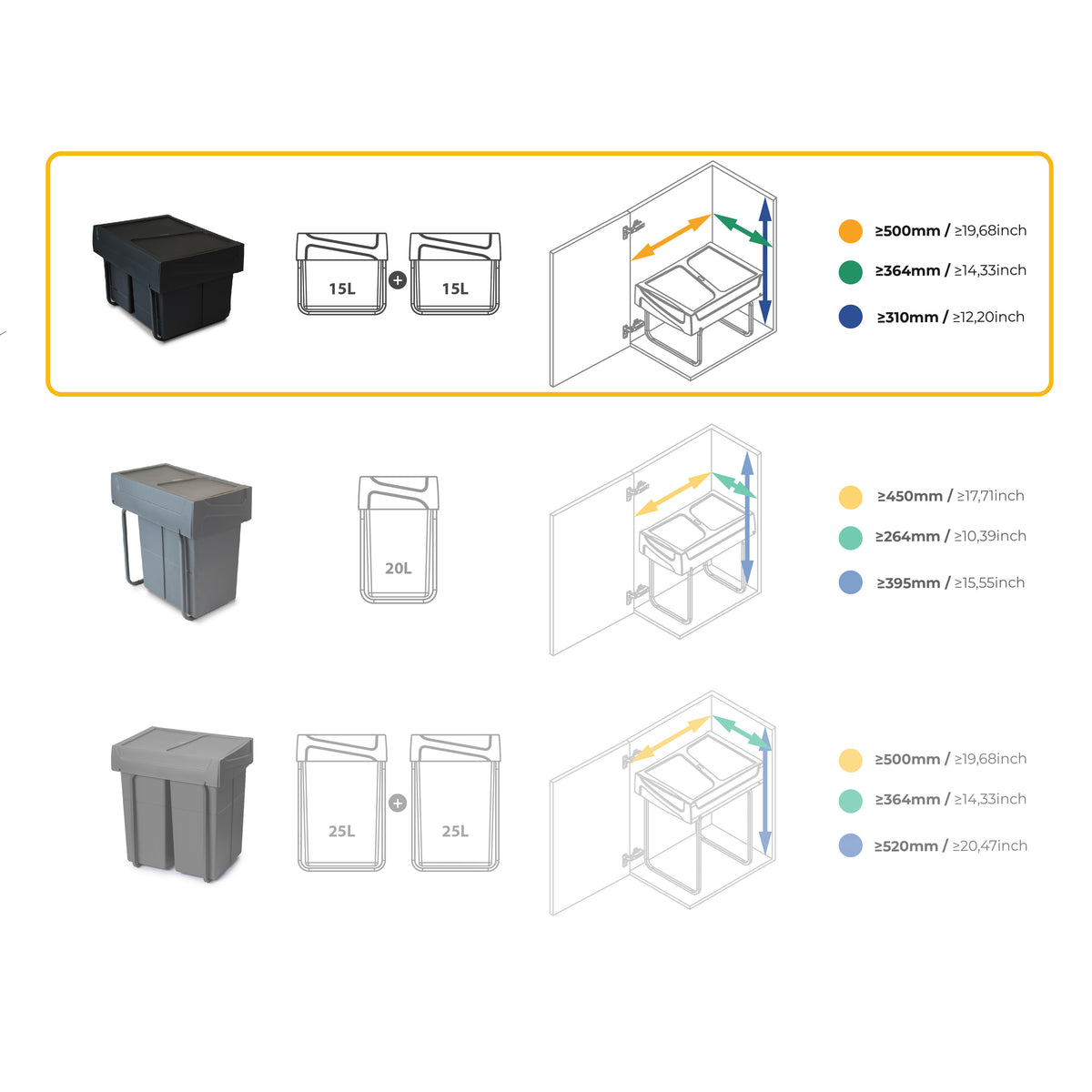 Emuca Contenitore per la raccolta differenziata da montare sul fondo ed estraibile manualmente in cucina 2x15lt, Tecnoplastica, Nera